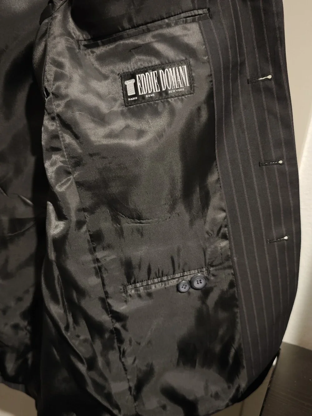 NWT Eddie Domani Men's Black Pinstripe Suit Unhemmed Trousers Size 40S / 34W